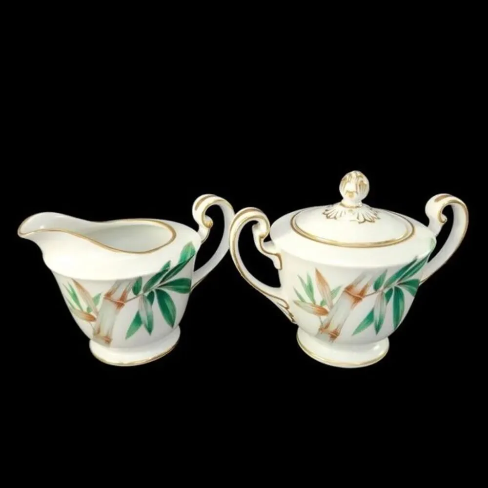 Noritake Canton Creamer Sugar Bowl With Lid Set Gold Trim Bamboo Japan Vtg READ‎